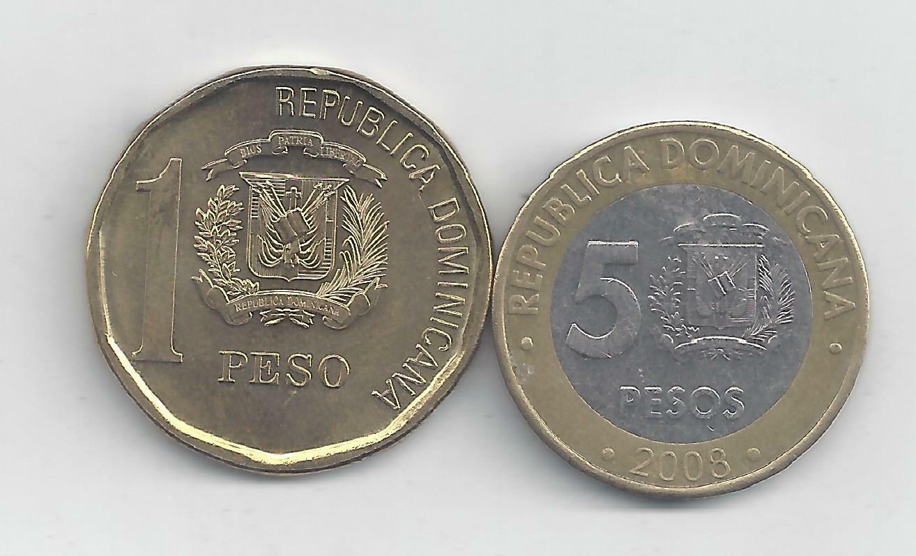 2 COINS from the DOMINICAN REPUBLIC - 1 PESO & BI-METAL 5 PESOS (BOTH 2008) - Fresh Stock Dated December 2025