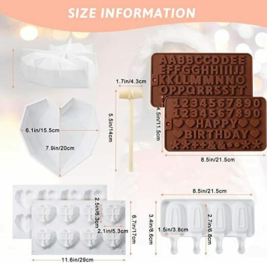 5 Pieces Silicone Chocolate Molds Set, Diamond Heart Mold Ice Cream Pop Mold - Fresh Stock Dated February 2026