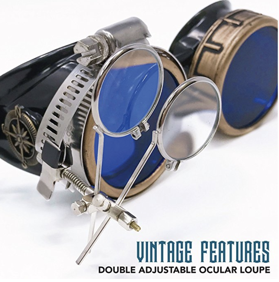 Steampunk Victorian Style Costume Goggles w/ Compass Design, Azure Blue Lenses - Fresh Stock Dated February 2026