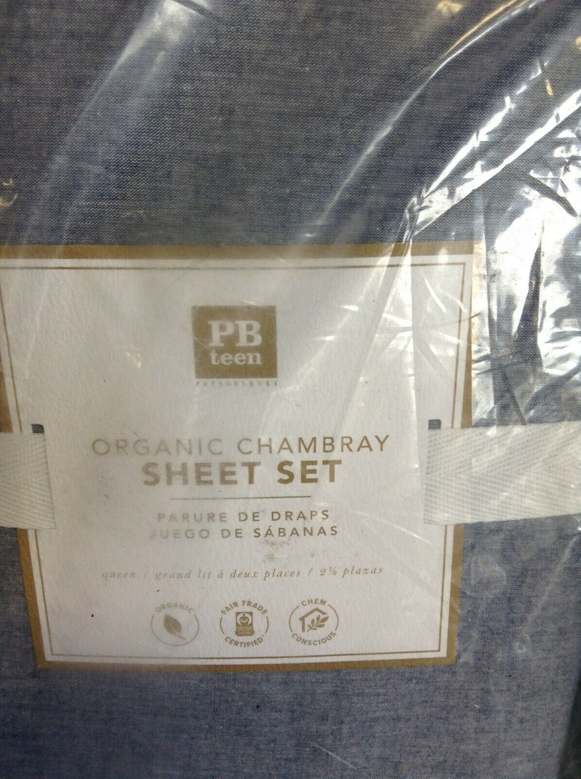 Pottery Barn PB Teen Organic Chambray bed sheet set queen navy blue - Fresh Stock Dated December 2025