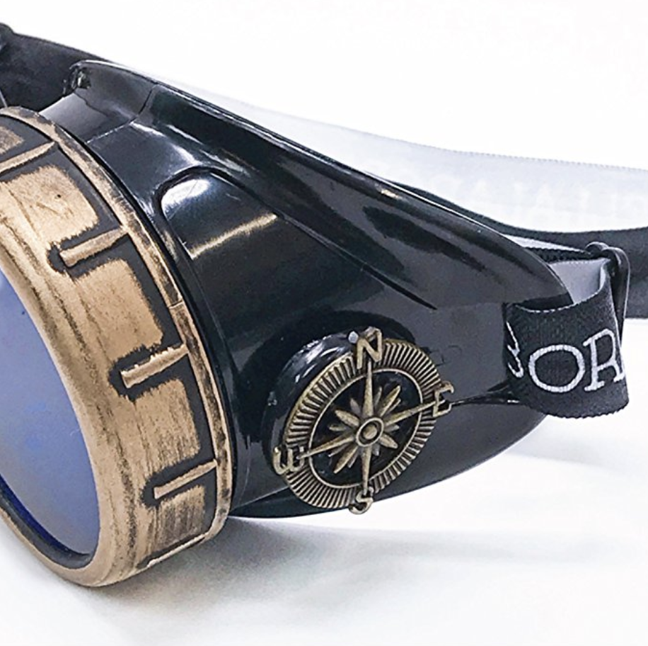 Steampunk Victorian Style Costume Goggles w/ Compass Design, Azure Blue Lenses - Fresh Stock Dated February 2026