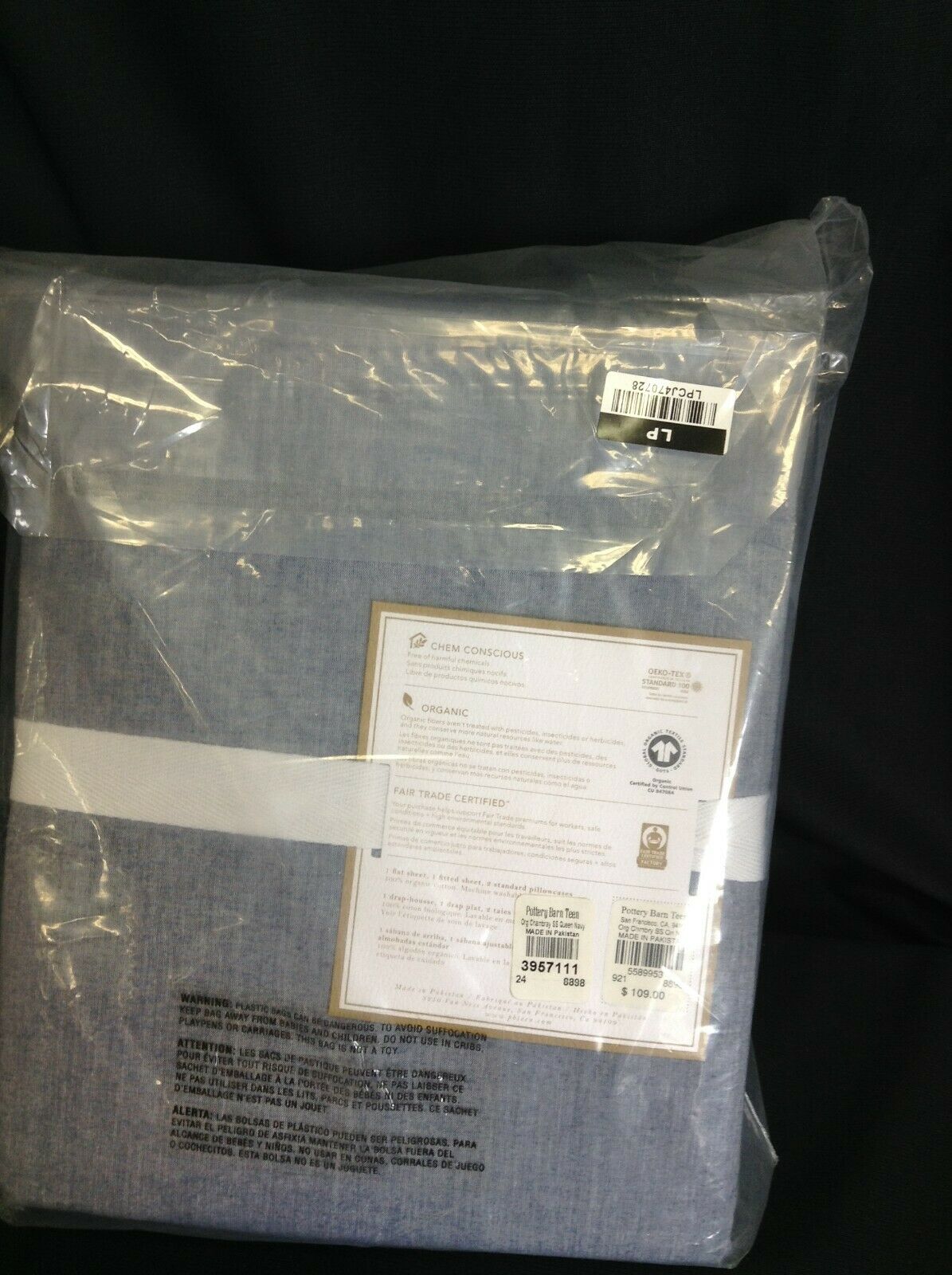 Pottery Barn PB Teen Organic Chambray bed sheet set queen navy blue - Fresh Stock Dated December 2025