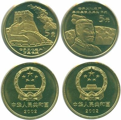 China set 2 coins, 5 Yuan, 2002,UNC>Terra Cotta Army Soldiers + Great Wall - Fresh Stock Dated February 2026
