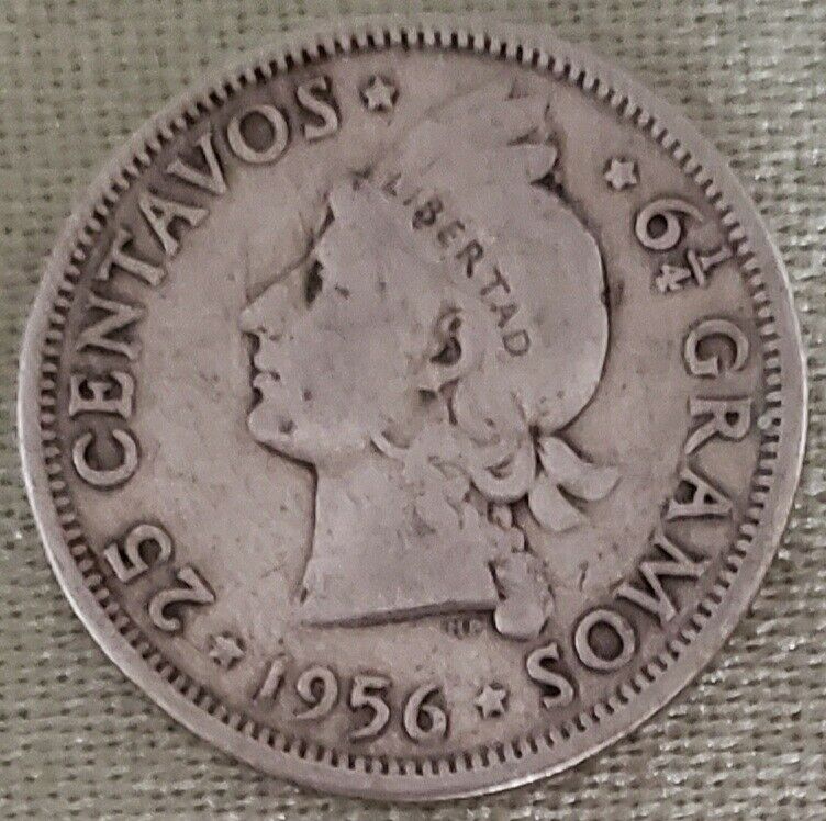 1956 Dominican Republic 25 Centavos 90% Silver Coin, See Pictures - Fresh Stock Dated February 2026