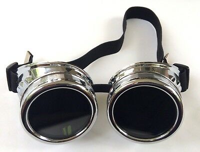 SILVER STEAMPUNK GOGGLES Glasses Adult Punk Goth Space Futuristic Biker Pilot - Fresh Stock Dated December 2025