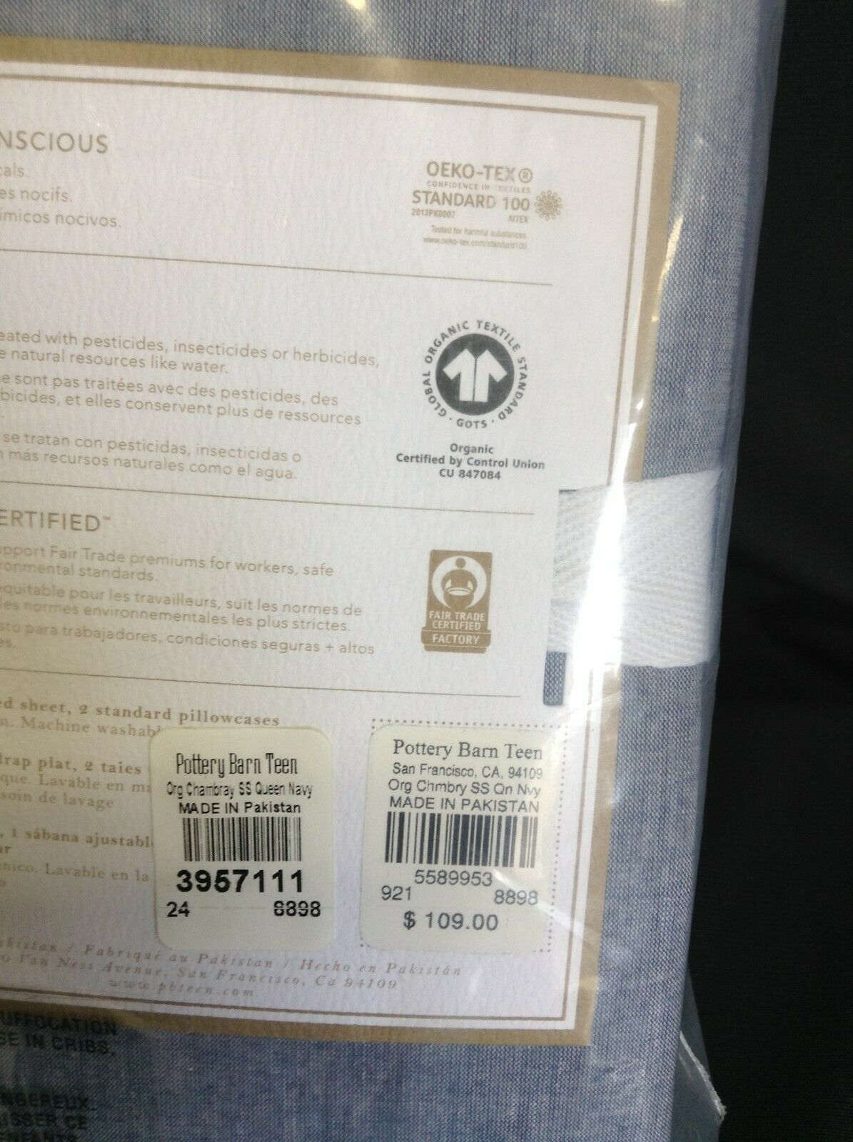 Pottery Barn PB Teen Organic Chambray bed sheet set queen navy blue - Fresh Stock Dated December 2025