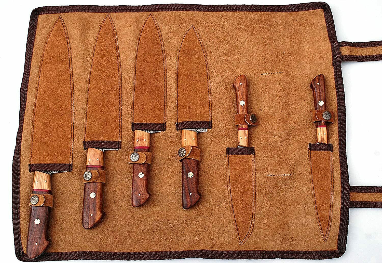 Handmade Kitchen Damascus Knife Set, 6 Piece Kitchen Chef Knife Set with Leather - Fresh Stock Dated December 2025