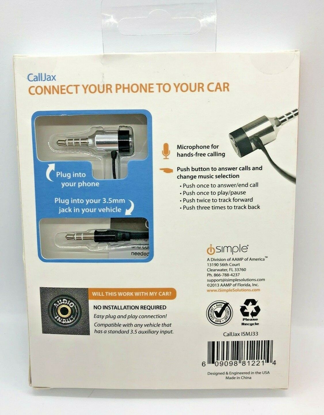 NEW - iSimple Plug & Play - Phone to Car Jack Hands-Free Calling w Mic & Control - Fresh Stock Dated February 2026