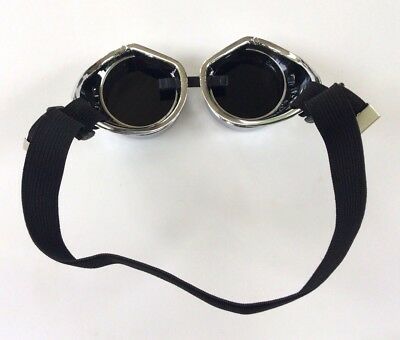 SILVER STEAMPUNK GOGGLES Glasses Adult Punk Goth Space Futuristic Biker Pilot - Fresh Stock Dated December 2025