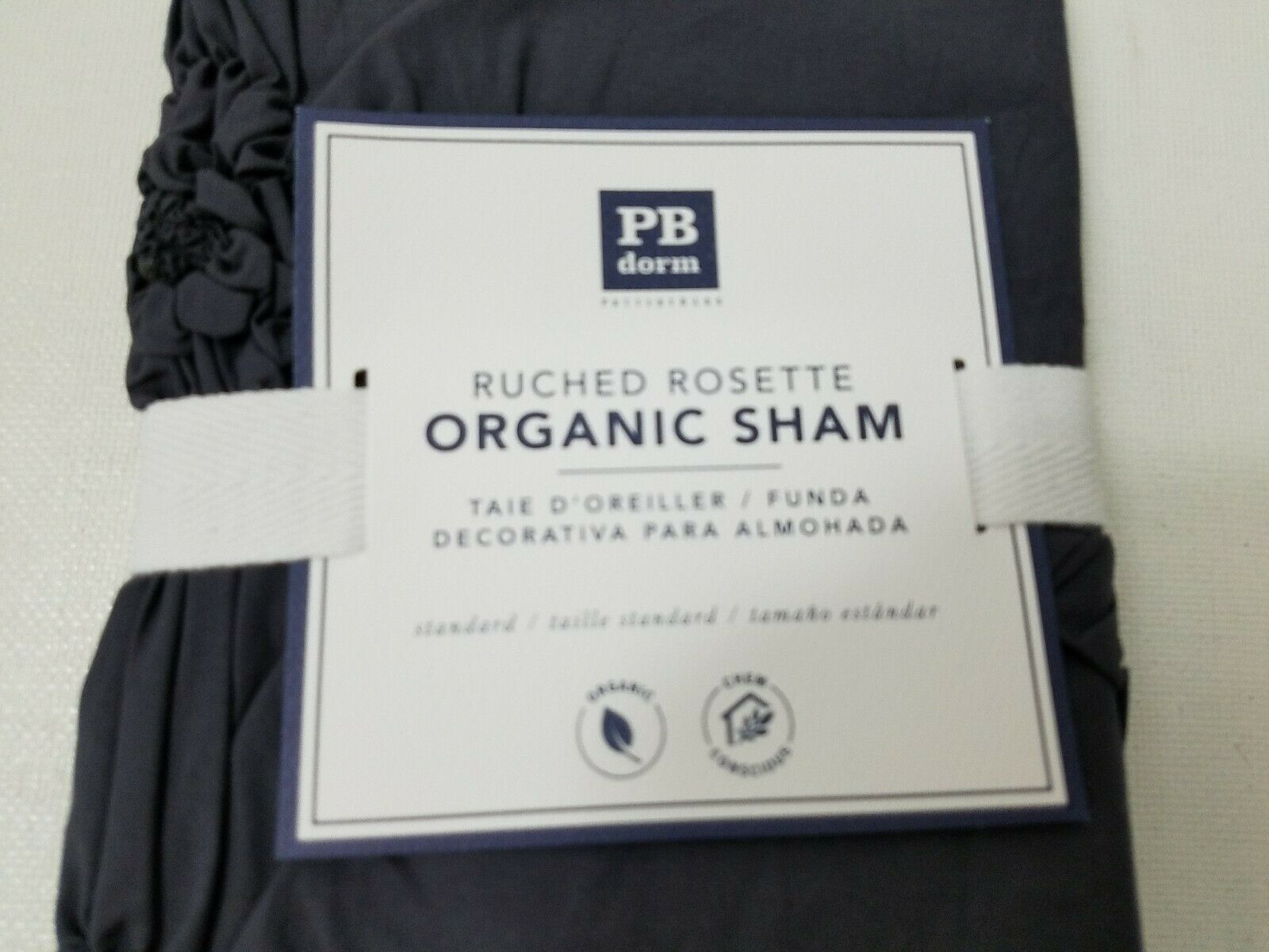 Pottery Barn TEEN Ruched Rosette Organic Standard Sham Ebony New Cotton - Fresh Stock Dated January 2026