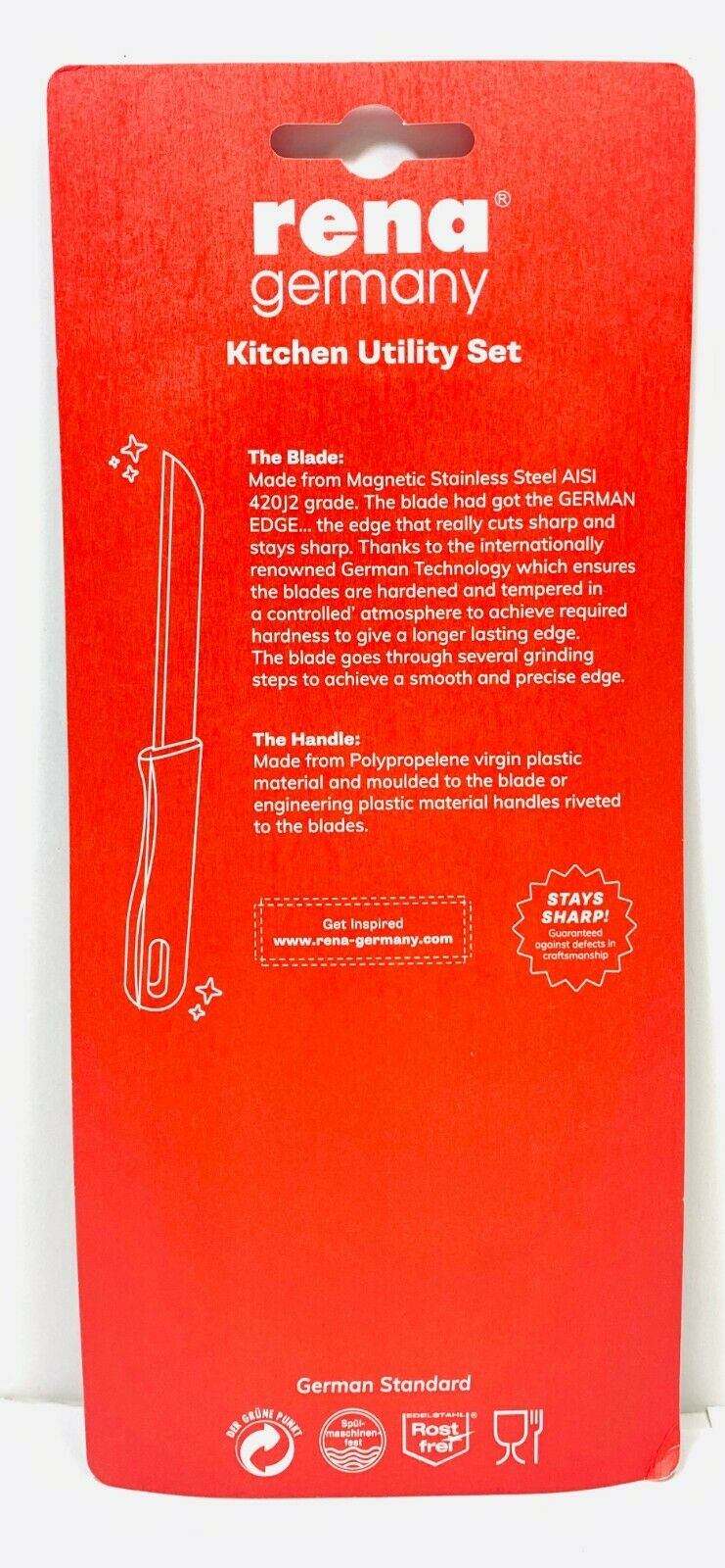 New Rena Germany Knife Set 3 Pieces Set 2 Knives and 1 Peeler Stainless Steel - Fresh Stock Dated January 2026