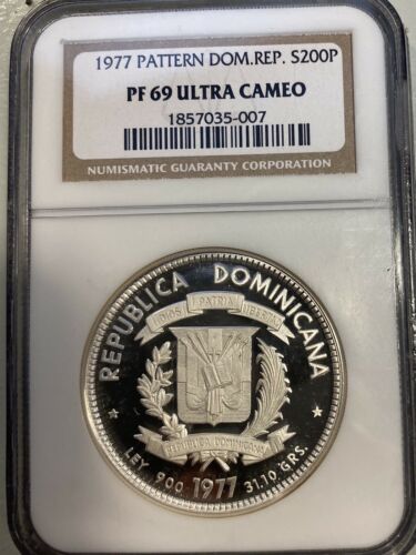 DOMINICAN REPUBLIC 1977 Silver 200 PESOS NGC PF69 Ultra Cameo Proof Top Pop! - Fresh Stock Dated February 2026
