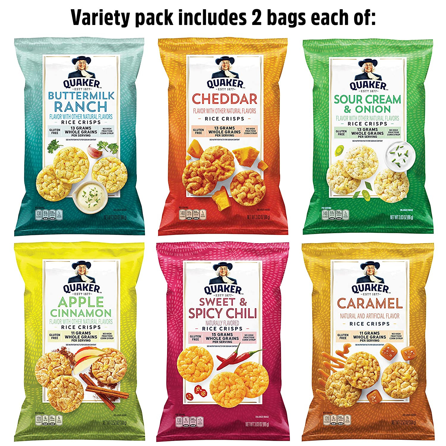 Quaker Rice Crisps, 6 Flavor Variety Pack, 12 Count - Fresh Stock Dated February 2026