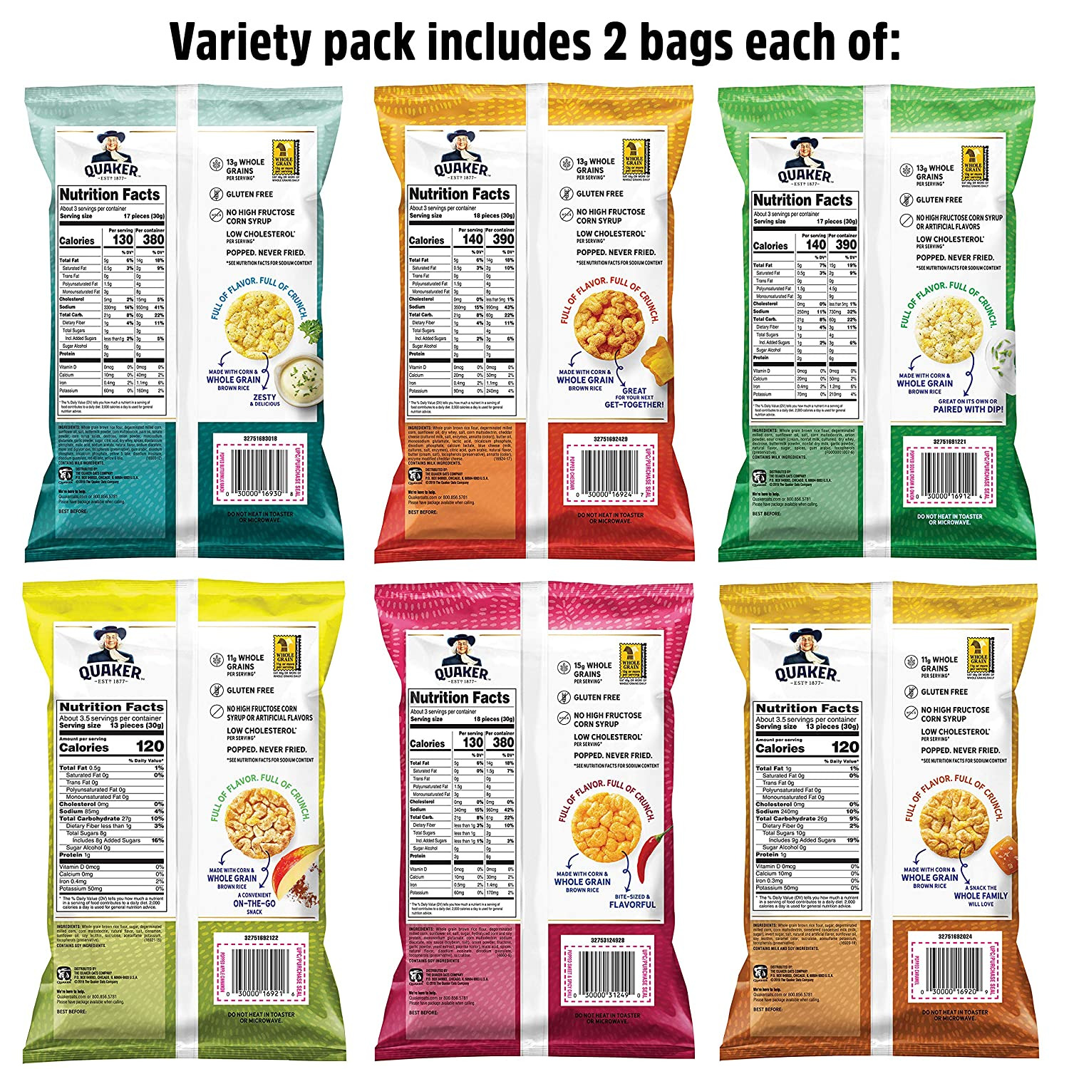 Quaker Rice Crisps, 6 Flavor Variety Pack, 12 Count - Fresh Stock Dated February 2026