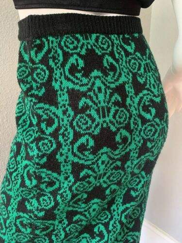 Vintage 80s Retro High Waist Green Baroque Pencil Sweater Midi Skirt XS/S - Fresh Stock Dated March 2026