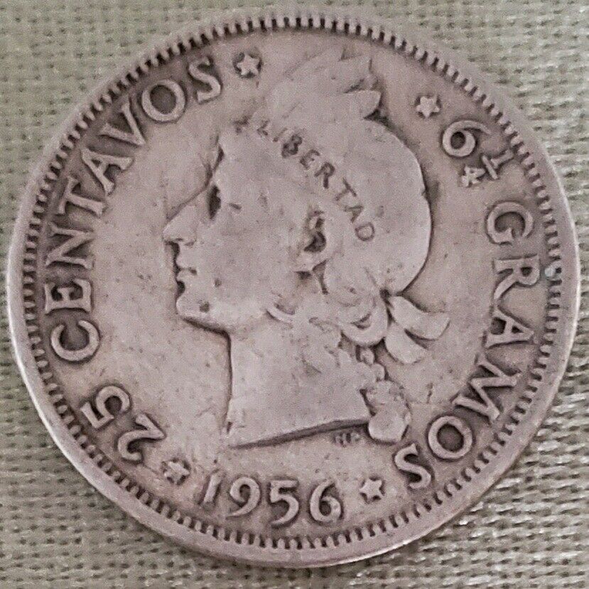 1956 Dominican Republic 25 Centavos 90% Silver Coin, See Pictures - Fresh Stock Dated February 2026