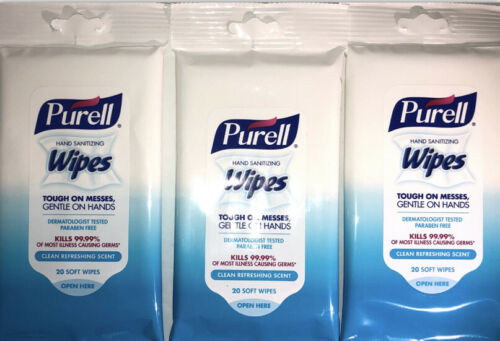 Purell Hand Sanitizing Wipes-Clean Scent-3ea  20 Count Travel Packs-FREE SHIP - Fresh Stock Dated February 2026