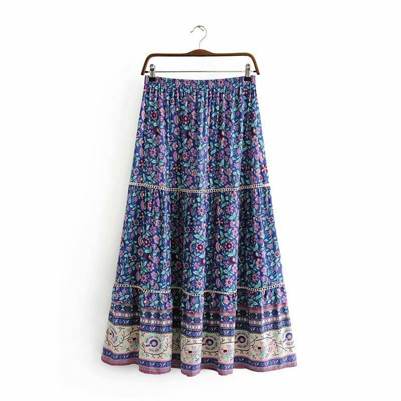 Women Tassel Skirt Vintage Hippie Bohemian Floral Print High Elastic Waist Maxi - Fresh Stock Dated February 2026