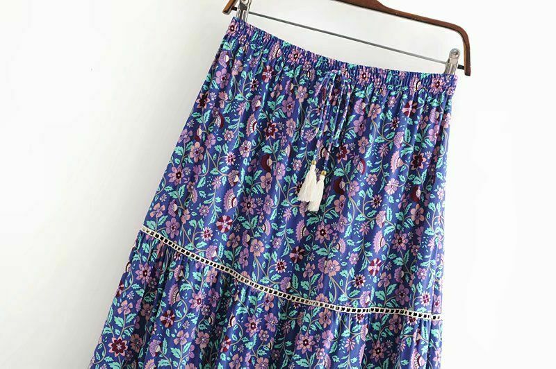 Women Tassel Skirt Vintage Hippie Bohemian Floral Print High Elastic Waist Maxi - Fresh Stock Dated February 2026