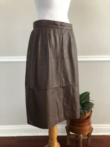Vtg 80s EVAN DAVIES Brown Soft Nappa Leather Pencil A-line Knee Skirt 30”W Large - Fresh Stock Dated February 2026