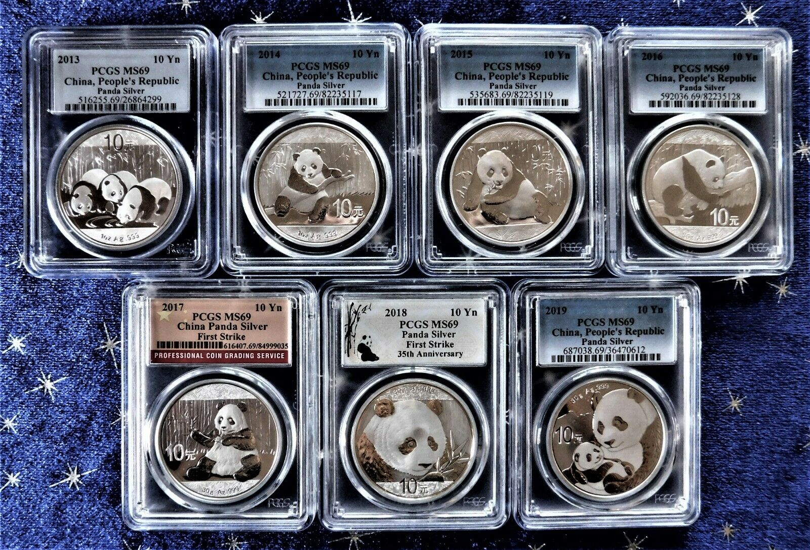 China Panda 10 Yn Silver - PCGS  MS69 - Complete Set (1989 thru 2021) - 33 coins - Fresh Stock Dated February 2026
