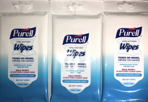 Purell Hand Sanitizing Wipes-Clean Scent-3ea  20 Count Travel Packs-FREE SHIP - Fresh Stock Dated February 2026