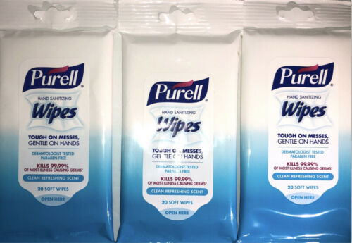 Purell Hand Sanitizing Wipes-Clean Scent-3ea  20 Count Travel Packs-FREE SHIP - Fresh Stock Dated February 2026