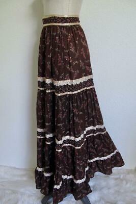Vtg 70s Gunne Sax Tiered Ruffle Prairie Maxi Skirt 7 XS Brown Floral Lace Ribbon - Fresh Stock Dated March 2026
