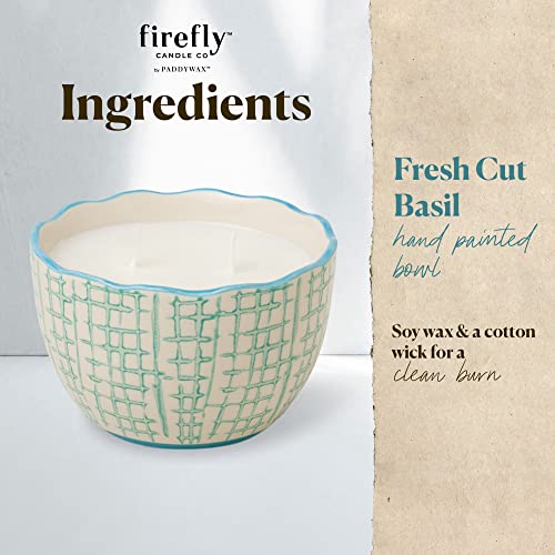 Paddywax Scented Candles Firefly Terrace Collection Soy Wax 2-Wick Candle in Food-Safe Hand-Painted Ceramic Bowl, 12-Ounce, Fresh Cut Basil