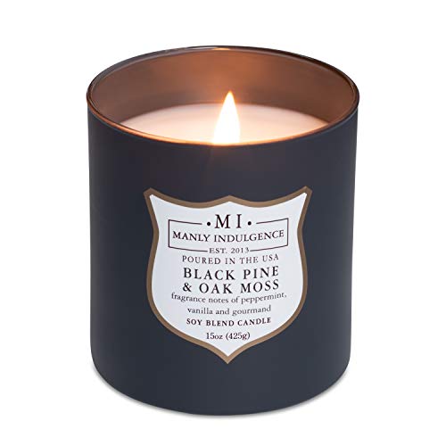 Manly Indulgence Black Pine Oakmoss Scented Jar Candle, Wood Wick, Premium Soy Blend White Wax, 60 hr Burn, Matte Dark Gray Jar Candle for Home and Men, 15 oz - USA Poured