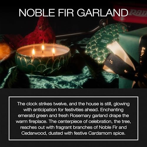 Voluspa Noble Fir Garland, 3 Wick Tin Candle, 12oz, 40 Hour Burn Time, Coconut Wax Candle for The Home, Handcrafted in The USA