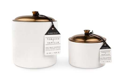 Paddywax Hygge Tobacco and Vanilla Scented Jar Candles with Lid 15 oz, White