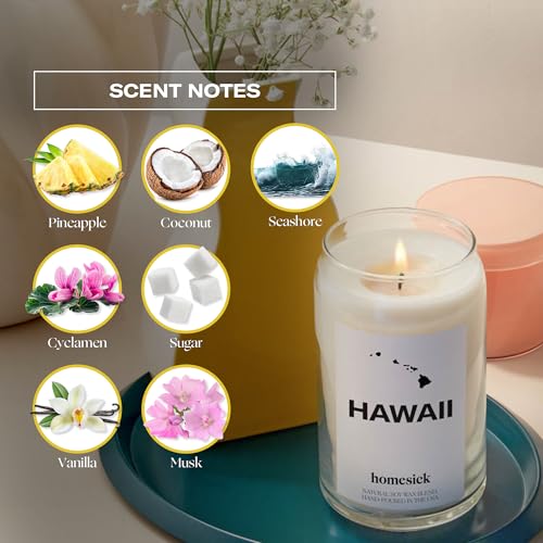 Homesick Scented Candles for Home (Hawaii) - 13.75 oz Long-Lasting Soy Wax Jar Candle for Women & Men for All Occasions, 60-80 Hours Burn Time - Notes of Pineapple & Coconut