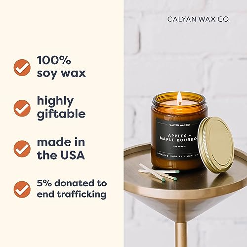 Calyan Wax Soy Wax Candle, Apples & Maple Bourbon Scented Candle for The Home | Premium Candles with Essential Oils | 7.2 oz 57 Hour Burn | Soy Candles in Amber Glass Jar