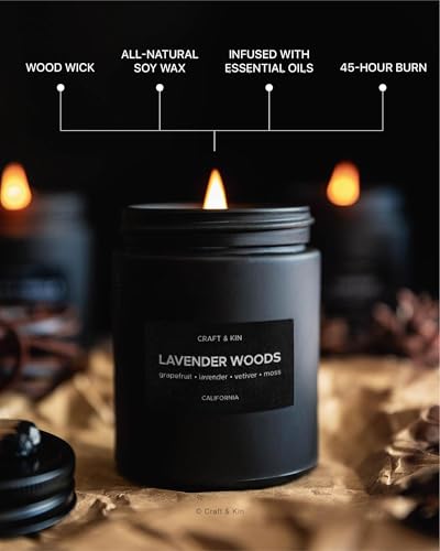 Craft & Kin Premium Lavender Woods Candle | Black Scented Candles for Men | Long Lasting with 45 Hour Burn Time, 7.6oz | Made with Soy | Aromatherapy at Home | Gifts for Men