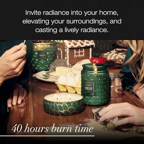 Voluspa Noble Fir Garland, 3 Wick Tin Candle, 12oz, 40 Hour Burn Time, Coconut Wax Candle for The Home, Handcrafted in The USA