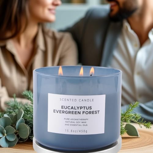 Eucalyptus Evergreen Forest Luxury 3 Wick Winter Pine Candle | Mens Candles, Scented Candles for Home | Aromatherapy Stress Relief Soy Candles 15.8 oz | Balsam Fir Woods Candles for Men & Women