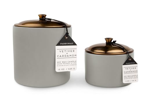 Paddywax Scented Candles Minimalist Hygge Range Luxury 3-Wick Candle in Matte Ceramic Container with Lid, 425g, Vetiver + Cardamom
