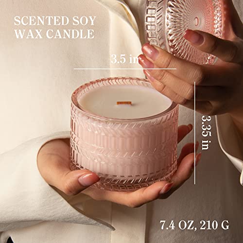Pink Rose&Sandalwood Scented Candles, Wood Wick Soy Candles, Long Time Burn time,Pink Glass Jar Decorative Candles, Candles Gifts for Women