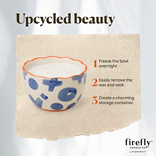 Paddywax Scented Candles Firefly Terrace Collection Soy Wax 2-Wick Candle in Food-Safe Hand-Painted Ceramic Bowl12-Ounce, Blue Tuberose